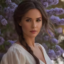 a woman with braid and flowers in the background