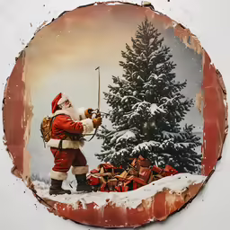 a merry christmas picture of santa walking in front of a fake christmas tree