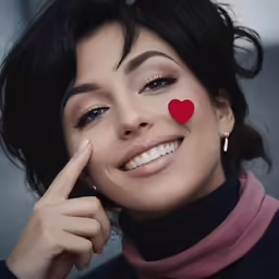 a young woman is smiling with a heart on her cheek