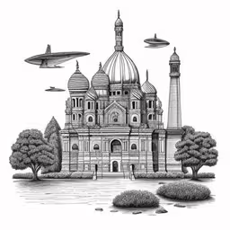a drawing of an alien town with a bridge,black and white image of a church with a science fiction scene and alien ships in the background