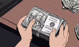 a person holding a wallet over some cash,a person is holding money in their hands
