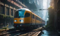 a yellow train traveling along tracks next to a tall building,a train that is riding down the tracks