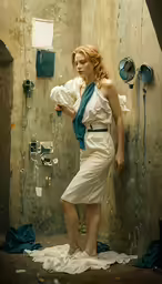 a woman standing in a bathroom next to a wall