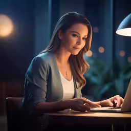 a woman typing on her laptop in the dark