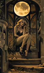 a very pretty woman sitting down by stairs