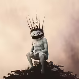 a man with long black hair is sitting on top of a log