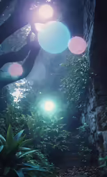 several bright lights shine from an archway into a lush green forest
