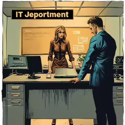 a couple of people that are standing in front of a desk