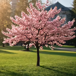 a pink tree stands in the sun, on some grass