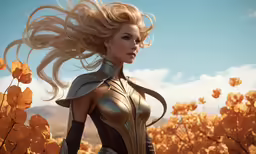 a woman is walking in front of a field full of flowers