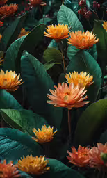 the flower is very colorful and blooming in the field,orange and yellow flowers with leaves on them