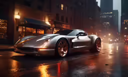 a sports car in a city street at night