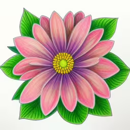 a drawing of a pink flower with green leaves