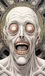 a creepy man with big eyes and headpieces