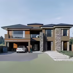 a car sits in front of a three story house