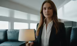 a woman with long hair is standing in front of a couch