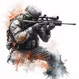 a soldier in uniform crouches with his rifle