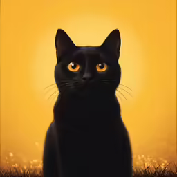 a black cat sitting in a field at sunset