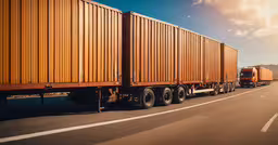 a long and orange semi truck travels down the highway,a truck hauling cargo travels down the highway