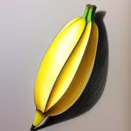 the side view of a yellow banana with stem,an old fashioned banana drawing on a white wall,a banana that is standing in the air,a painting of a banana on a gray background,a yellow banana on top of another large banana