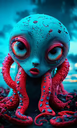 a blue alien with large eyes has red tentacles