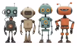 five little robots lined up with each other