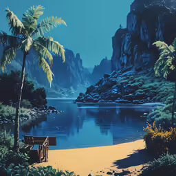 an artist has created an illustration of a lake and trees