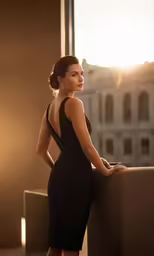 a woman leaning against a railing while looking off into the distance