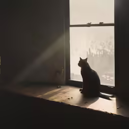a cat sits on the ledge by an open window