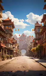 a large street with many buildings near some mountain