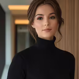 a close up of a young woman wearing a black sweater