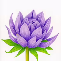 a drawing of a purple flower on a white background,a picture of a purple flower with green leaves,a drawing of a purple flower with leaves on top,a large purple flower with green leaves,a flower is drawn on a white sheet with green leaves