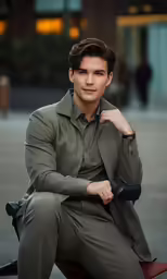 the man in a suit is sitting on a red chair