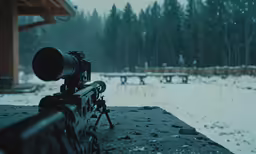 a large rifle is next to a wooden structure with a bench in the background