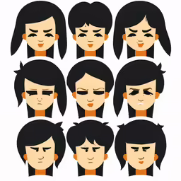 many faces and expressions on the heads of a woman