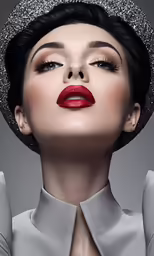 a woman with glittery clothing and red lips