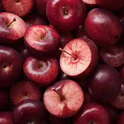 red apples with brown spots are in a pile