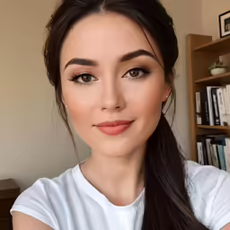 a woman with dark hair and a white shirt smiling