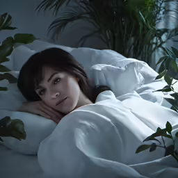 a woman is laying down in a white bed