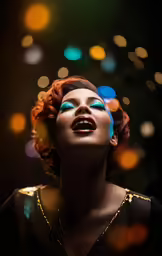 a woman with blue eyes and bright makeup