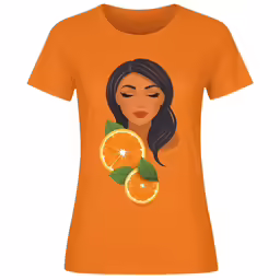 an orange shirt with a graphic of a woman holding a cut in half citrus