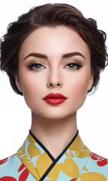 a woman with an asian dress and orange lipstick