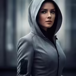 a woman with a gray jacket and hoodie posing for a portrait