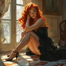 an illustrated painting of a woman with red hair wearing a black dress,an image of a woman with red hair sitting