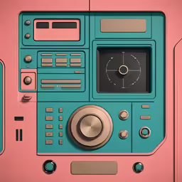 a retro pink radio player set on top of pink wooden cabinets