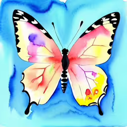 a picture of a butterfly on blue with watercolor staines