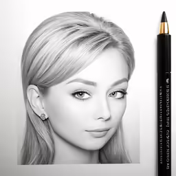 a drawing of a woman with a pen next to it