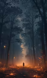 a lone figure stands on a trail in the dark forest
