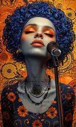 an artistic photo of a woman with curly hair holding a microphone