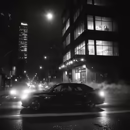 a car with headlights in a city during night